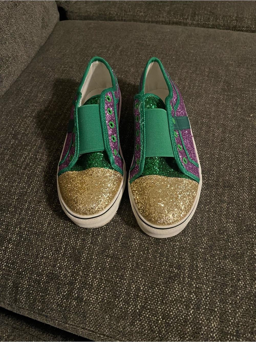 Womens Glitter Slip-On Sneakers in Green, Purple & Gold